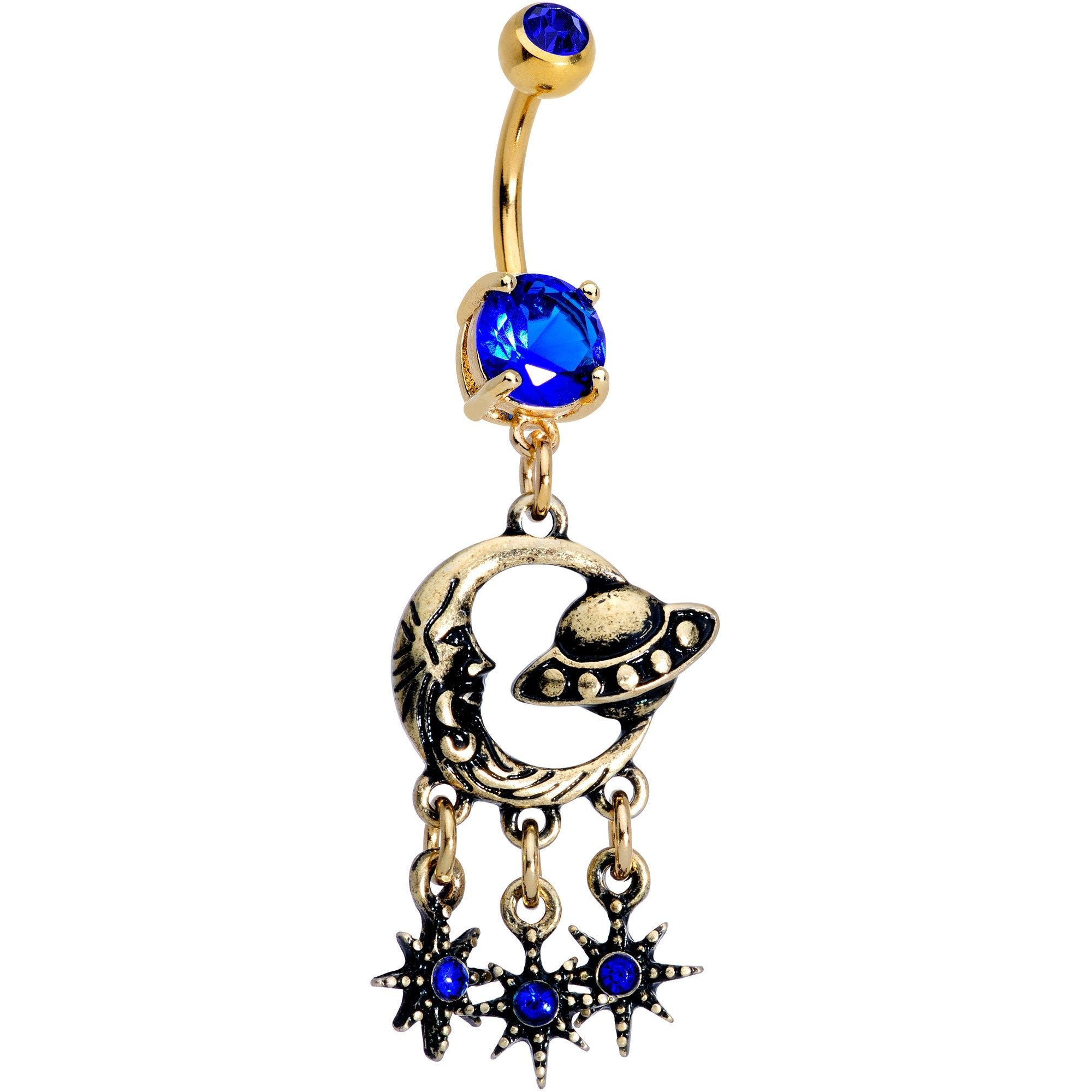 Blue CZ Gem Gold PVD UFO Dreamcatcher Dangle Belly Ring - BodyCandy - Flyclothing LLC