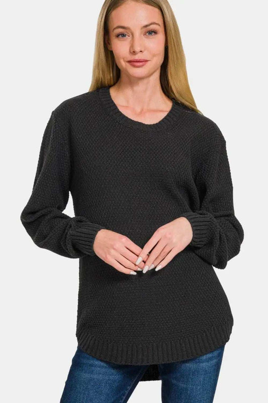 Zenana Ful Size Round Neck Long Sleeve Curved Hem Sweater - Trendsi - Flyclothing LLC