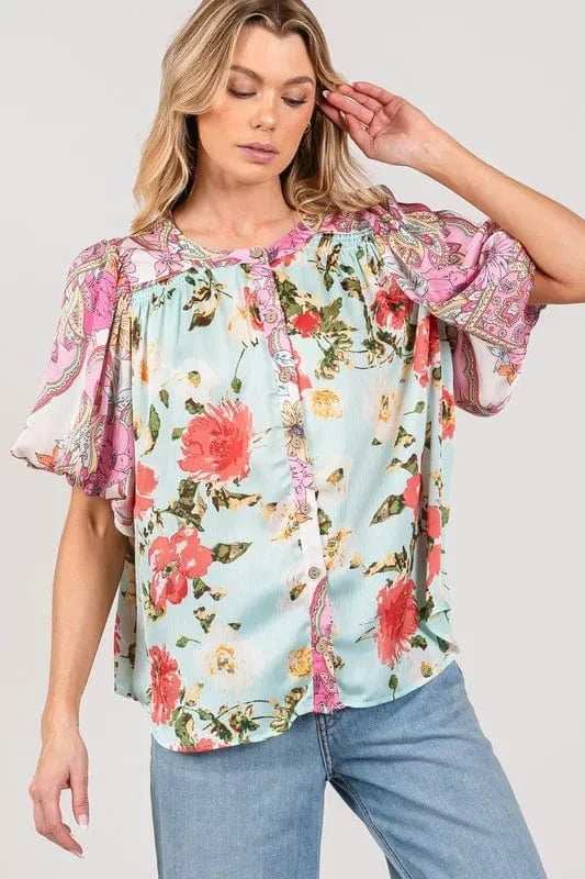 SAGE+FIG Plus Size Floral Mineral Wash French Terry Button Up Shirt - Trendsi - Flyclothing LLC