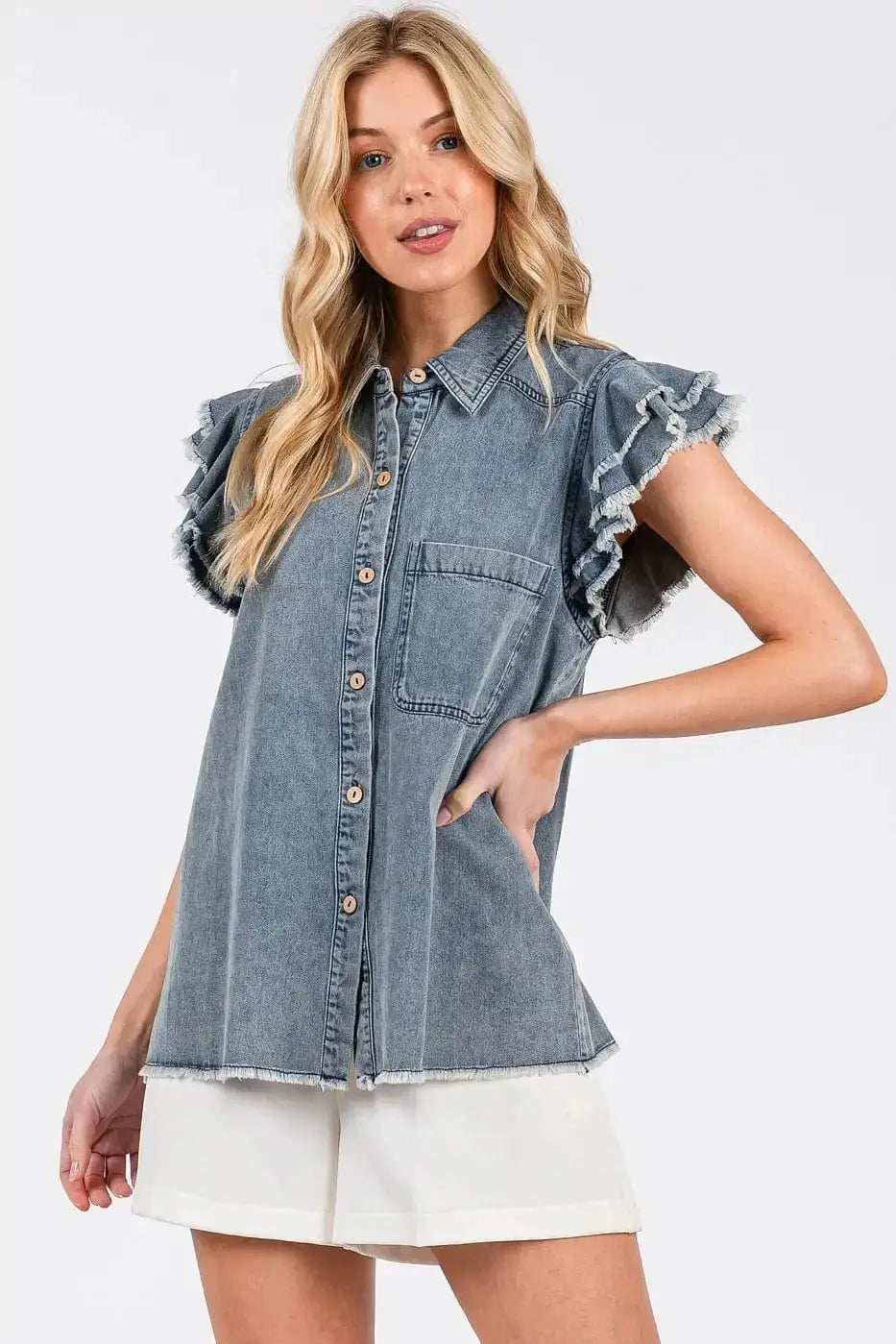 Mittoshop Washed Denim Ruffle Short Sleeve Collared Shirt - Trendsi - Flyclothing LLC
