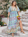 Plus Size Printed Tie Neck Flutter Sleeve Maxi Dress - Trendsi - Flyclothing LLC
