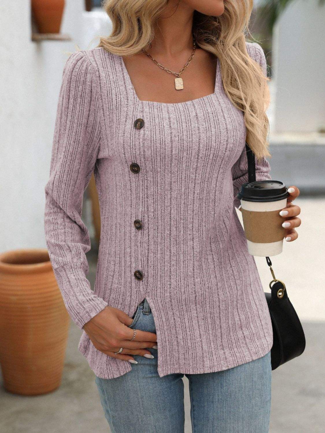 Decorative Button Striped Square Neck Long Sleeve T-Shirt - Trendsi - Flyclothing LLC