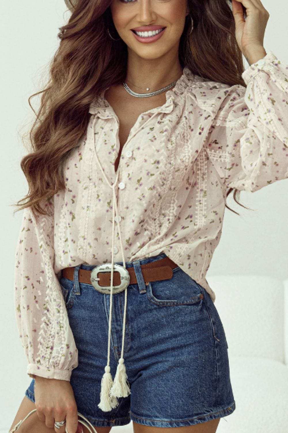 Frill Lace Detail Printed Tie Neck Long Sleeve Blouse - Trendsi - Flyclothing LLC