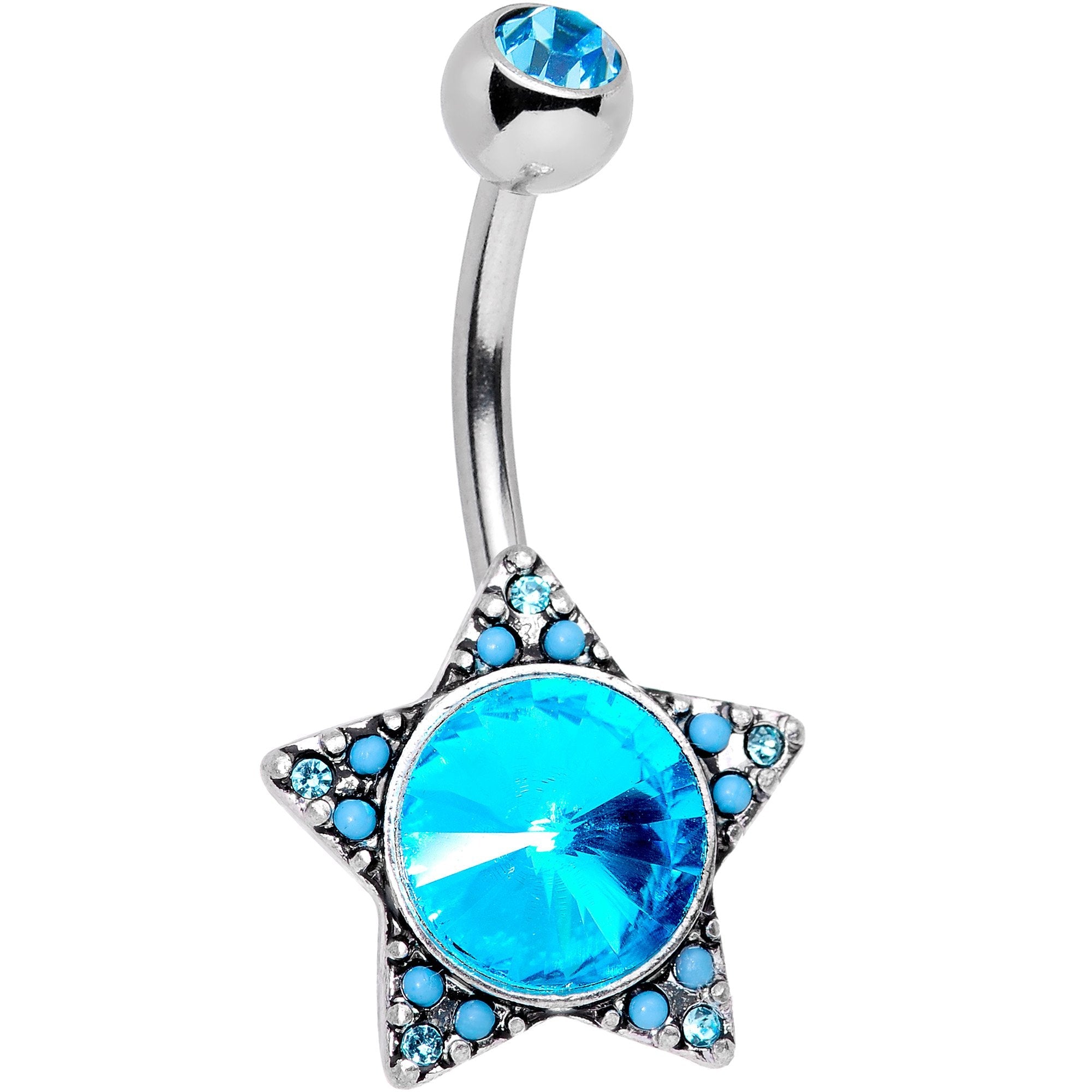 Aqua Gem Encrusted Big Star Belly Ring - BodyCandy - Flyclothing LLC