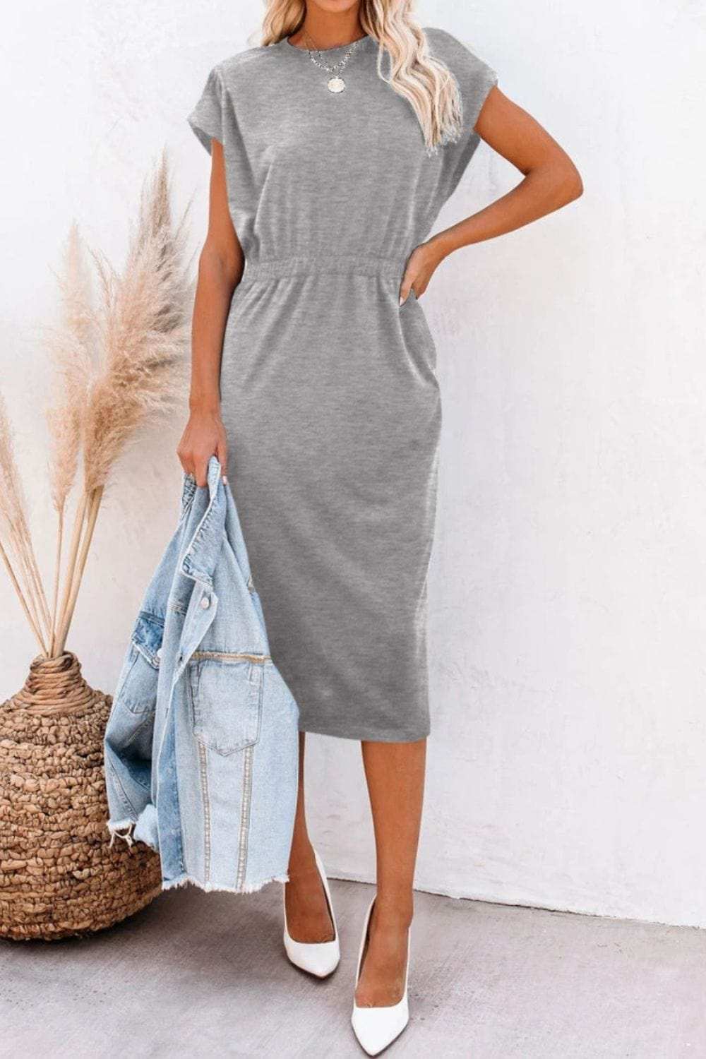 Pocketed Round Neck Cap Sleeve Dress - Trendsi - Flyclothing LLC