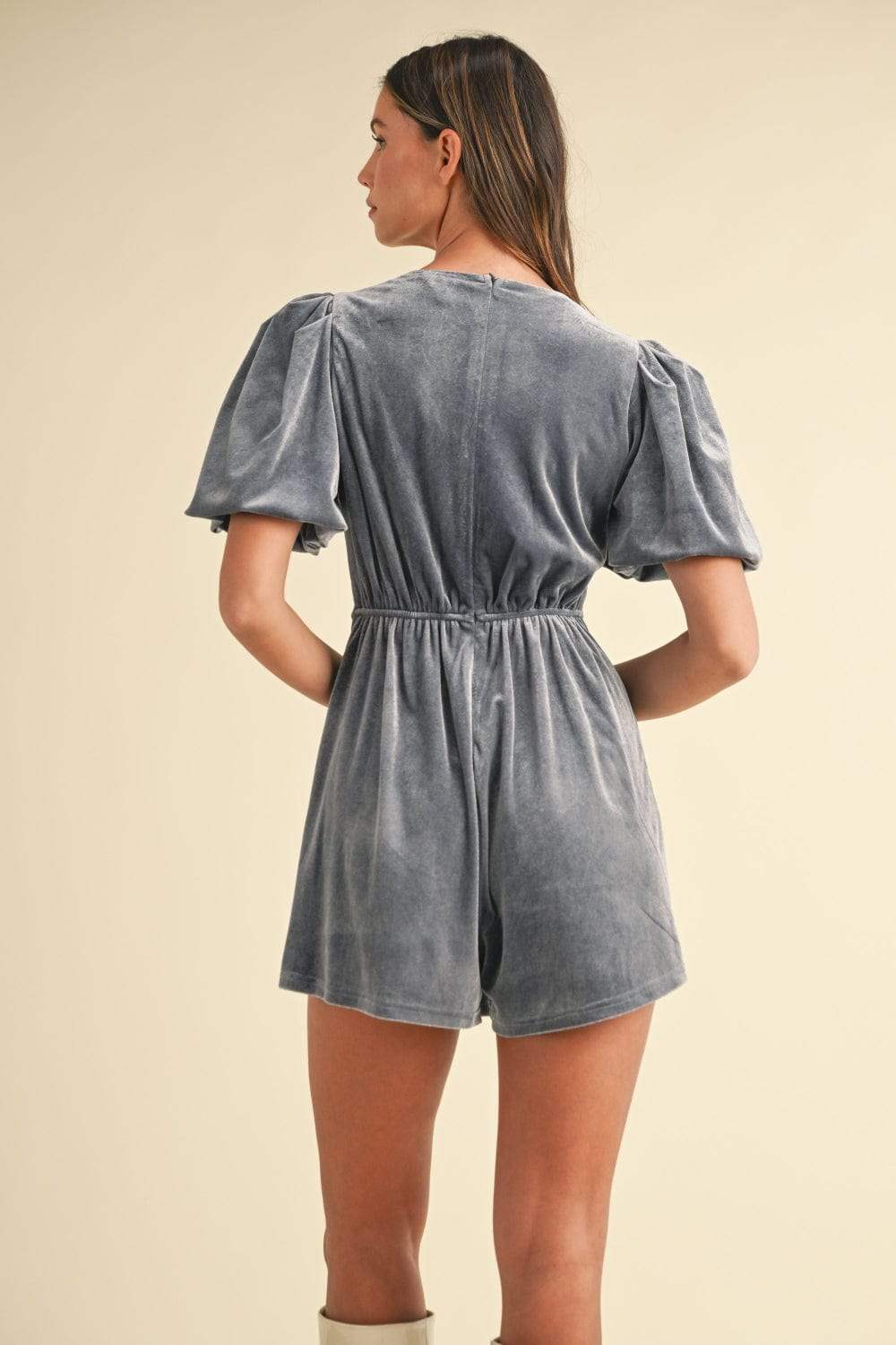 Mable Jewel Bow Decor Puff Sleeve Velvet Romper - Trendsi - Flyclothing LLC