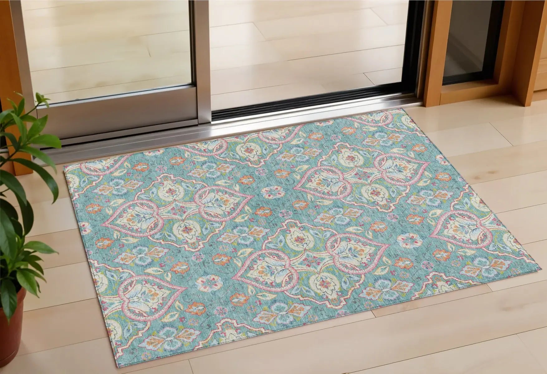 3' X 5' Teal Blue Pink And Orange Ogee Washable Indoor Outdoor Area Rug - Homeroots - Flyclothing LLC