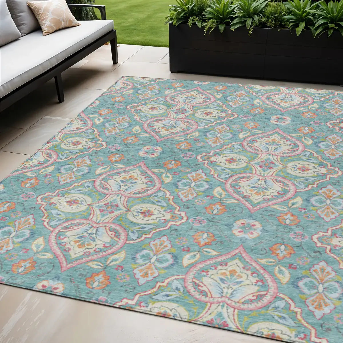 5' X 8' Teal Blue Pink And Orange Ogee Washable Indoor Outdoor Area Rug - Homeroots - Flyclothing LLC