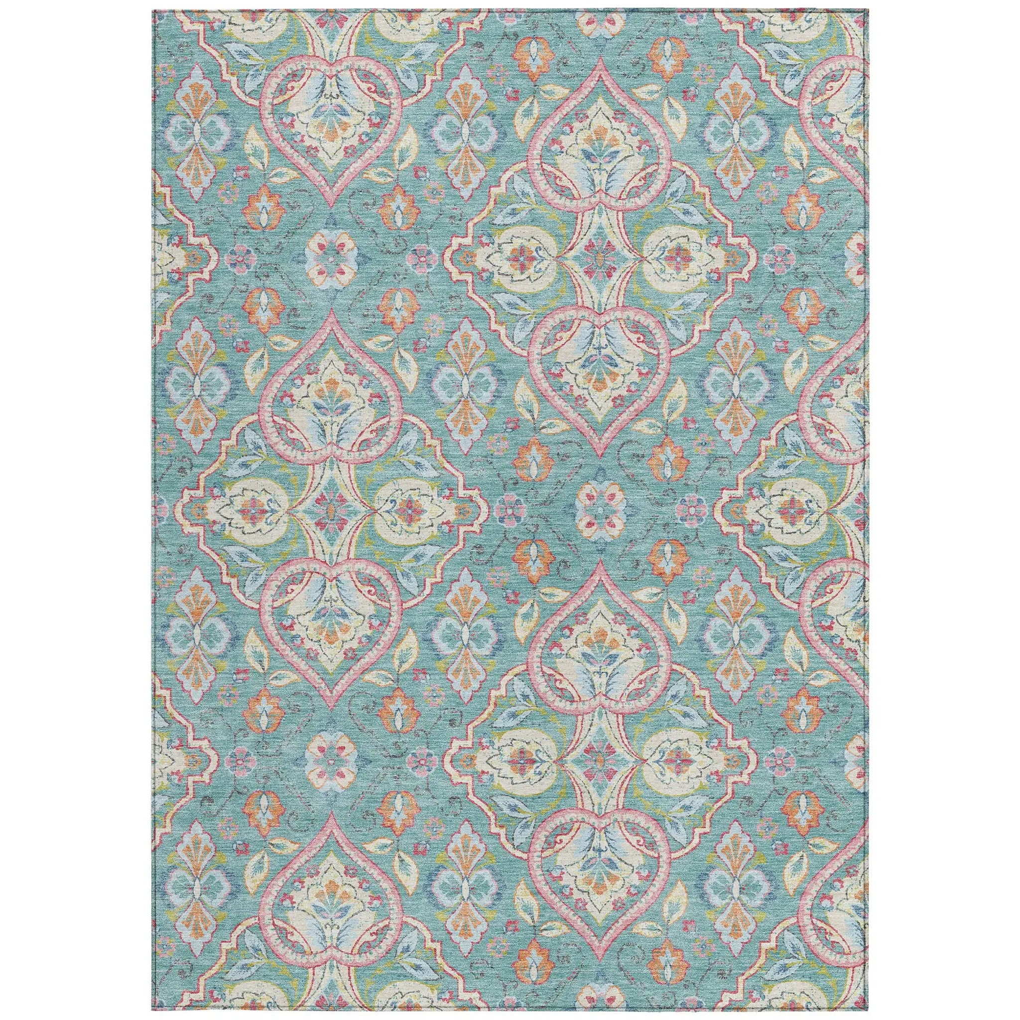 5' X 8' Teal Blue Pink And Orange Ogee Washable Indoor Outdoor Area Rug - Homeroots - Flyclothing LLC