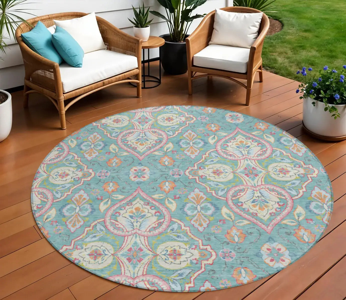 8' Teal Blue Pink And Orange Round Ogee Washable Indoor Outdoor Area Rug - Homeroots - Flyclothing LLC