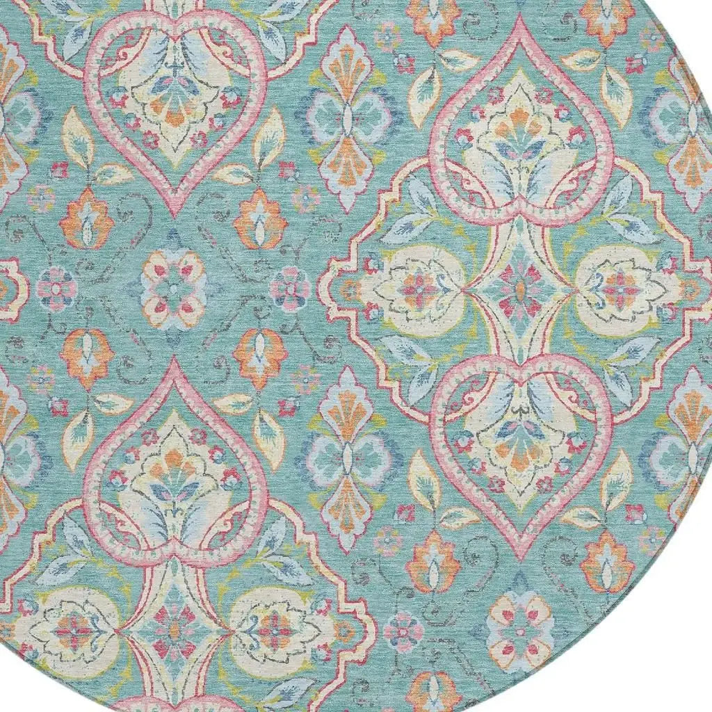 8' Teal Blue Pink And Orange Round Ogee Washable Indoor Outdoor Area Rug - Homeroots - Flyclothing LLC