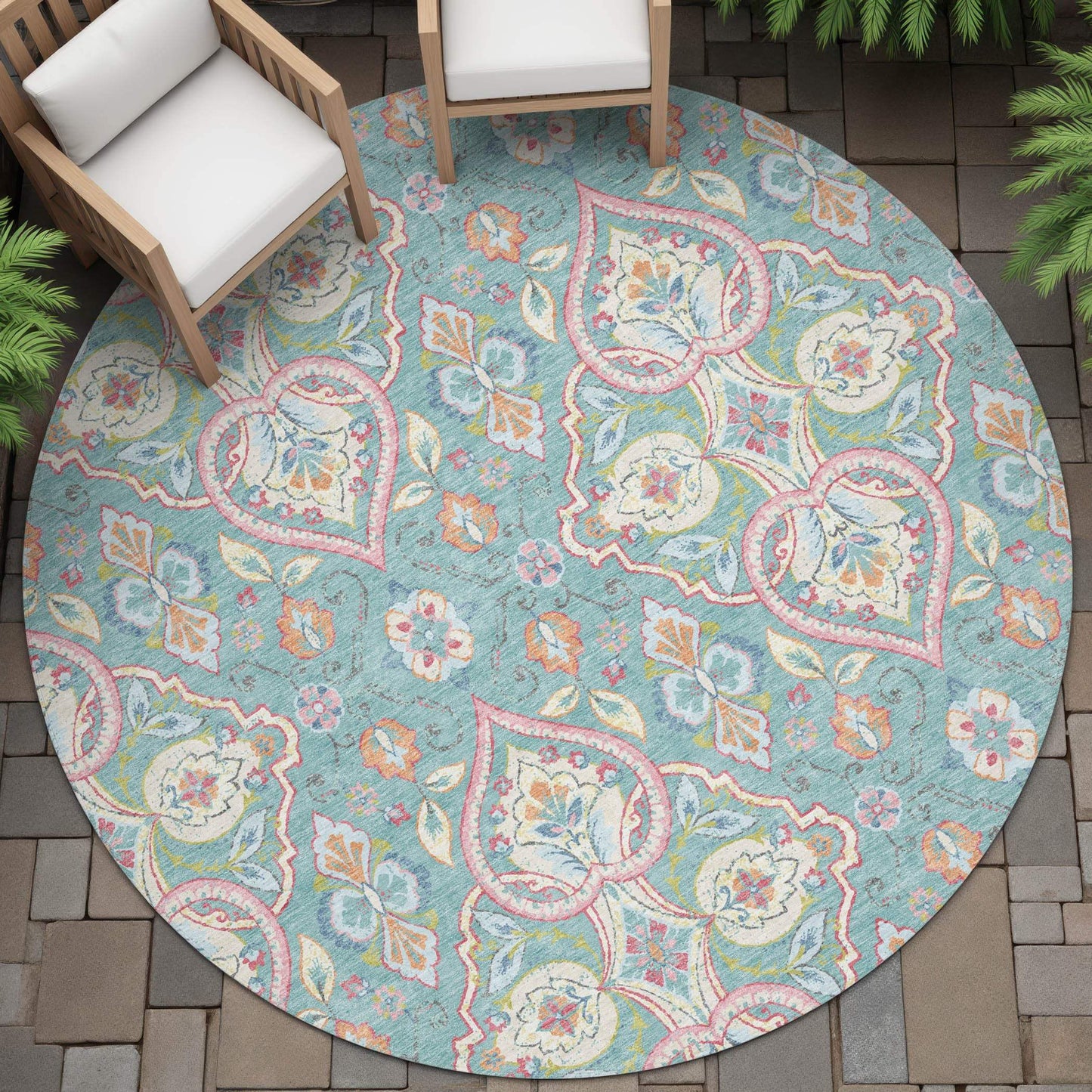 8' Teal Blue Pink And Orange Round Ogee Washable Indoor Outdoor Area Rug - Homeroots - Flyclothing LLC