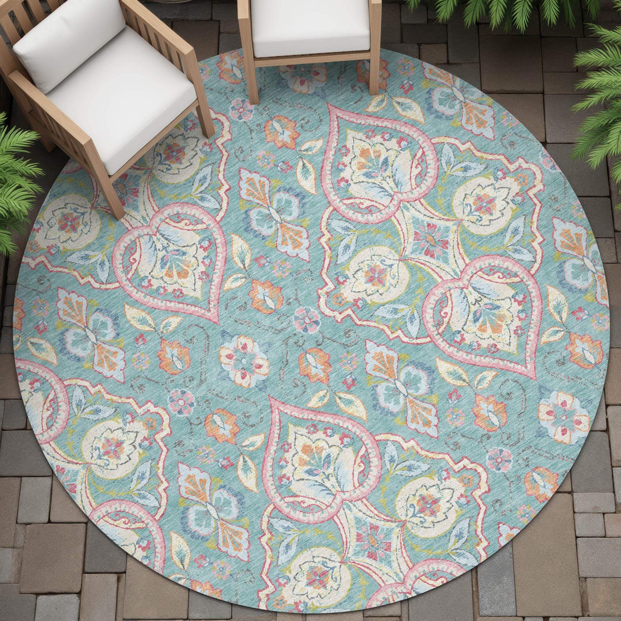 8' Teal Blue Pink And Orange Round Ogee Washable Indoor Outdoor Area Rug - Homeroots - Flyclothing LLC