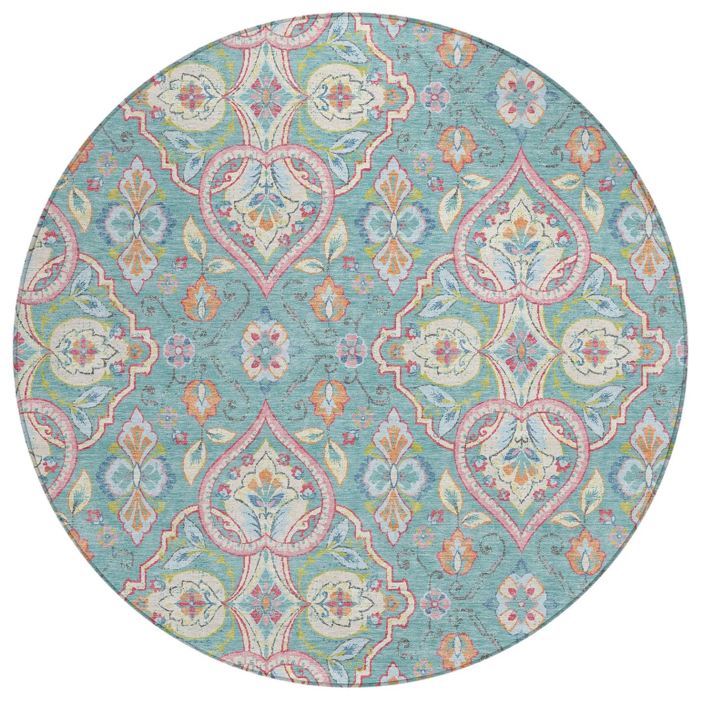 8' Teal Blue Pink And Orange Round Ogee Washable Indoor Outdoor Area Rug - Homeroots - Flyclothing LLC