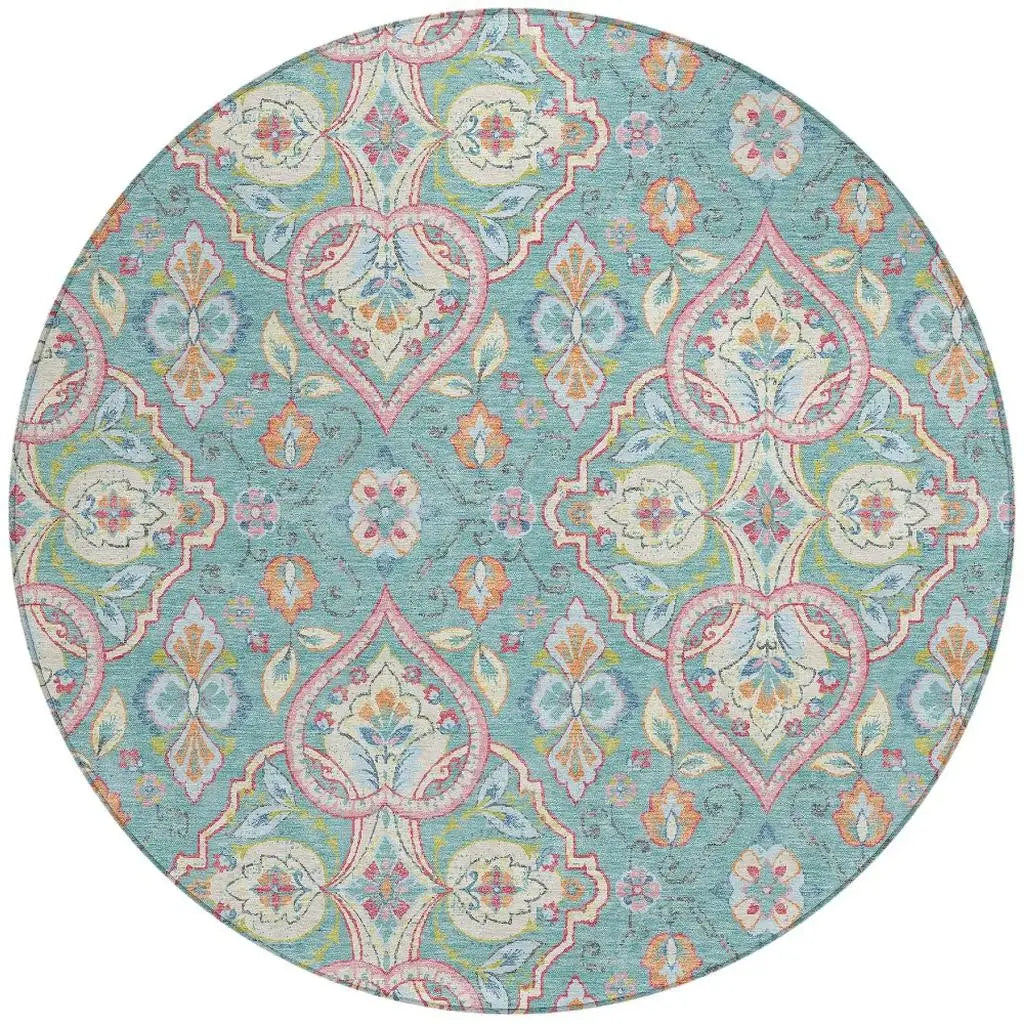 8' Teal Blue Pink And Orange Round Ogee Washable Indoor Outdoor Area Rug - Homeroots - Flyclothing LLC