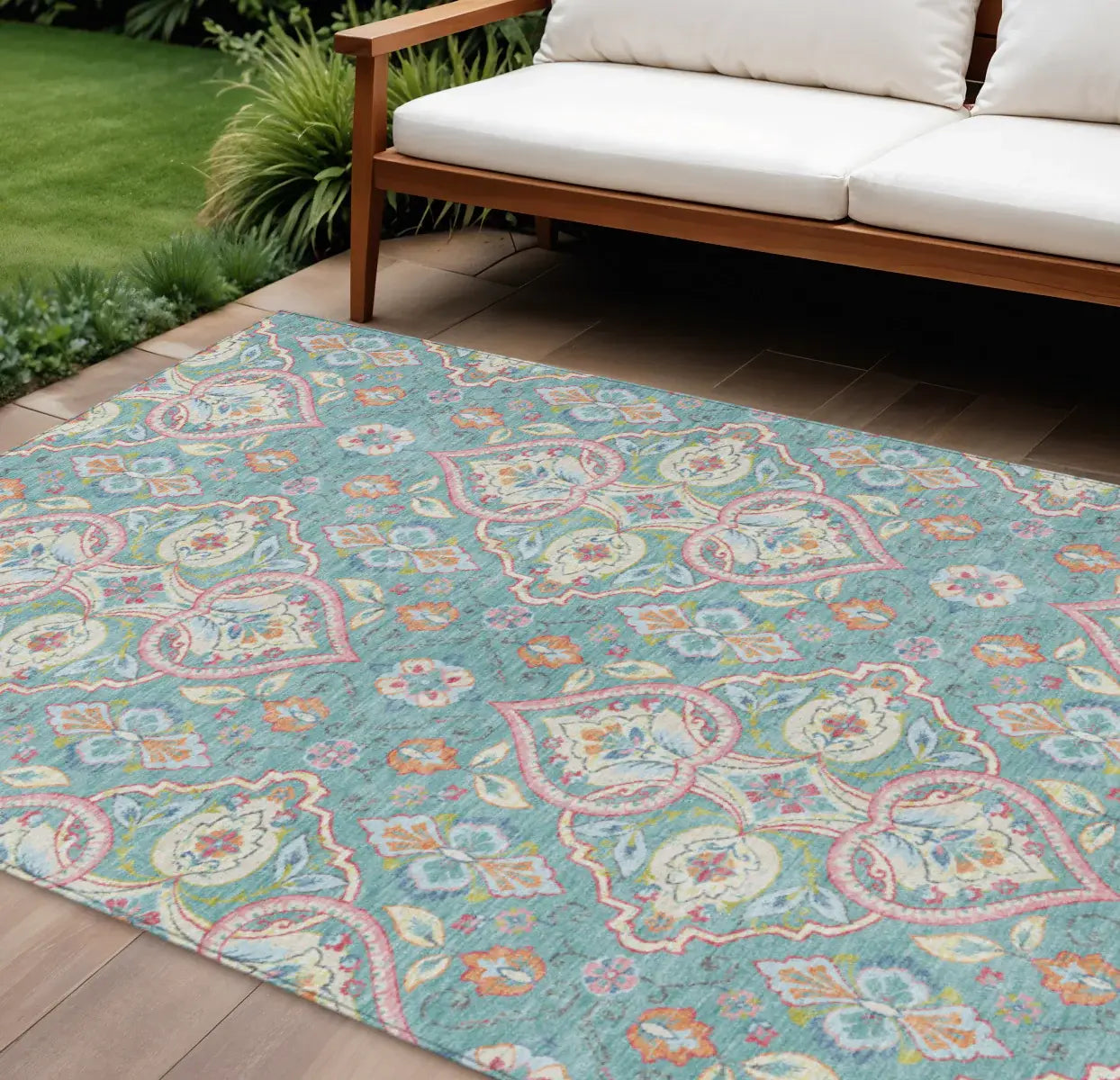 9' X 12' Teal Blue Pink And Orange Ogee Washable Indoor Outdoor Area Rug - Homeroots - Flyclothing LLC