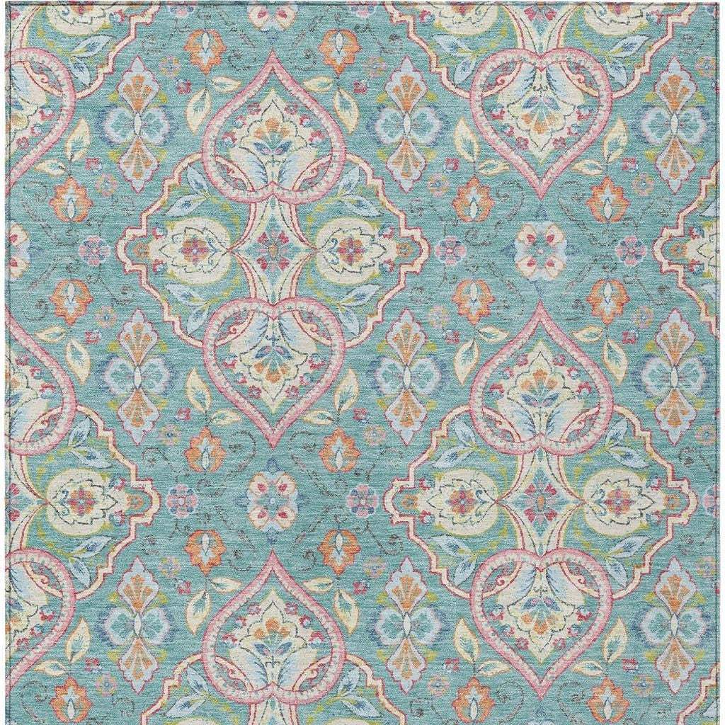 9' X 12' Teal Blue Pink And Orange Ogee Washable Indoor Outdoor Area Rug - Homeroots - Flyclothing LLC