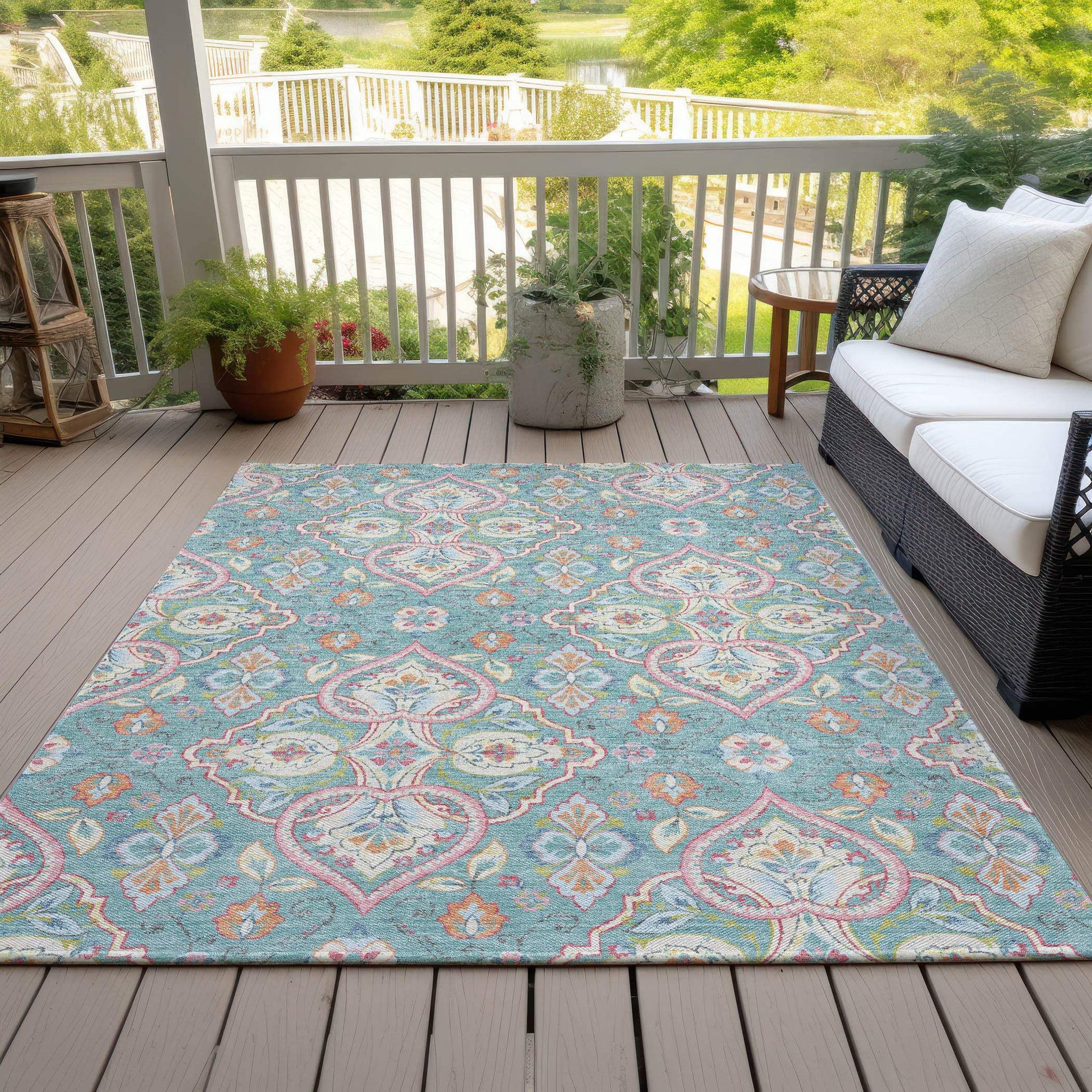 9' X 12' Teal Blue Pink And Orange Ogee Washable Indoor Outdoor Area Rug - Homeroots - Flyclothing LLC