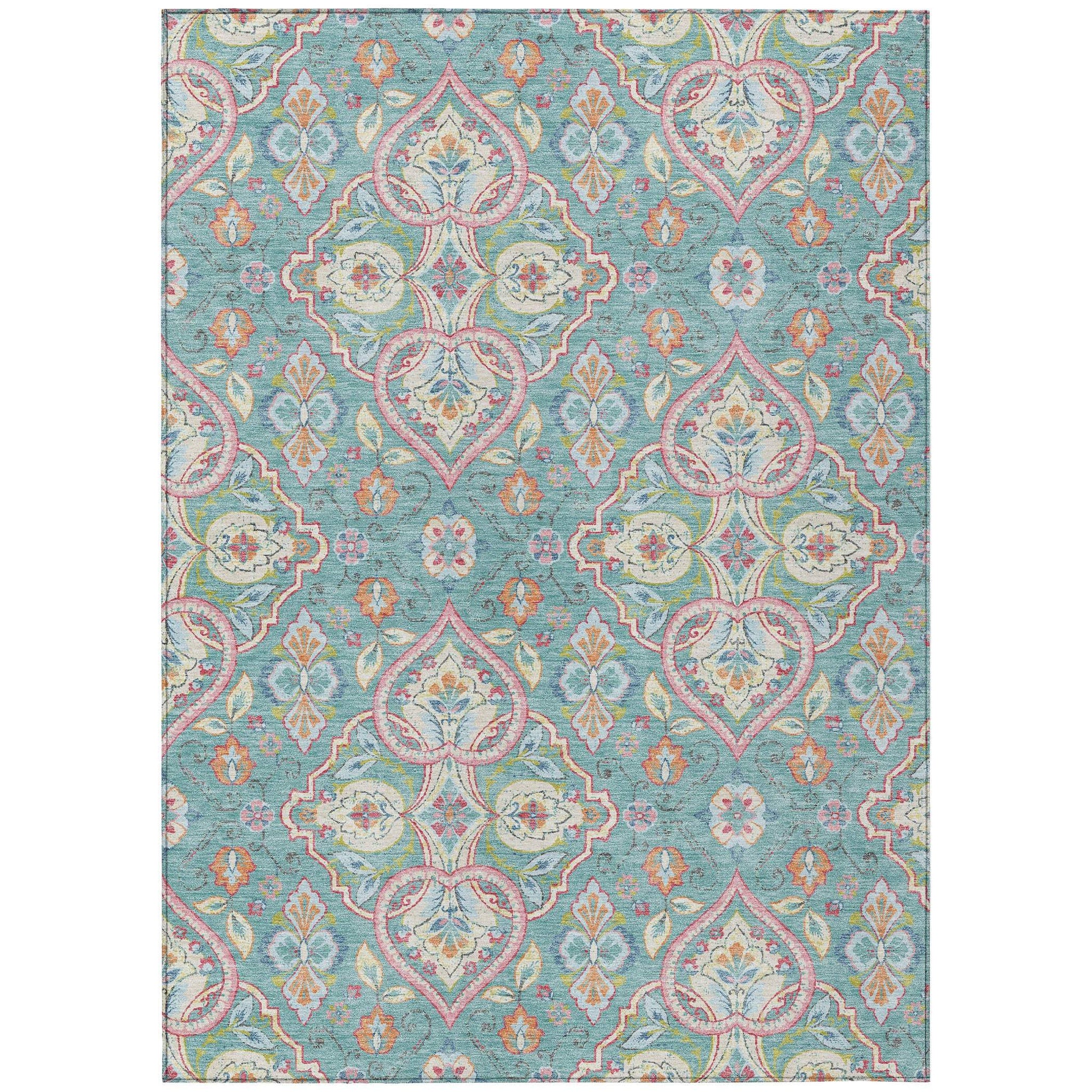 10' X 14' Teal Blue Pink And Orange Ogee Washable Indoor Outdoor Area Rug - Homeroots - Flyclothing LLC