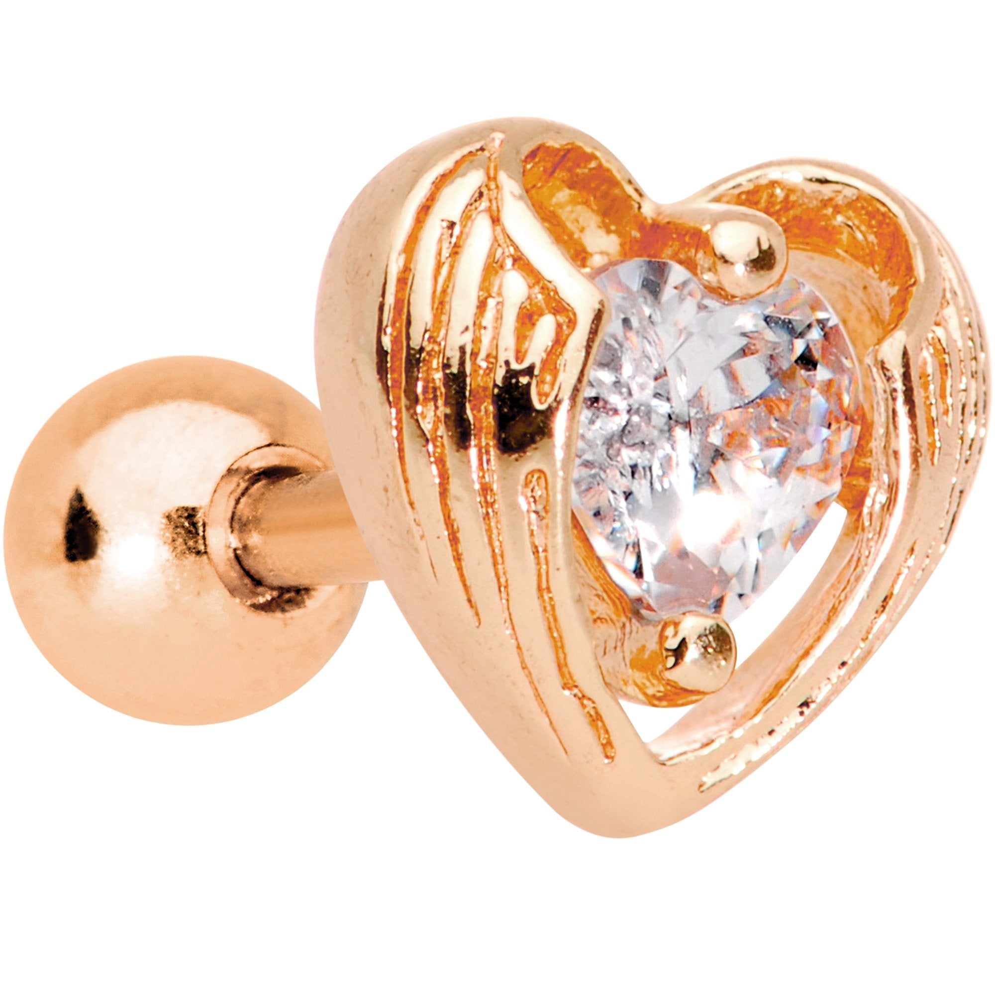 Clear CZ Gem Rose Gold Plated Hugged Heart Cartilage Tragus Earring - BodyCandy - Flyclothing LLC