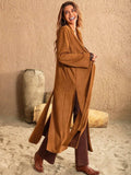 Slit Tied Collared Neck Longline Coat - Trendsi - Flyclothing LLC