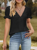 Lace Trim V-Neck Puff Sleeve Blouse - Trendsi - Flyclothing LLC