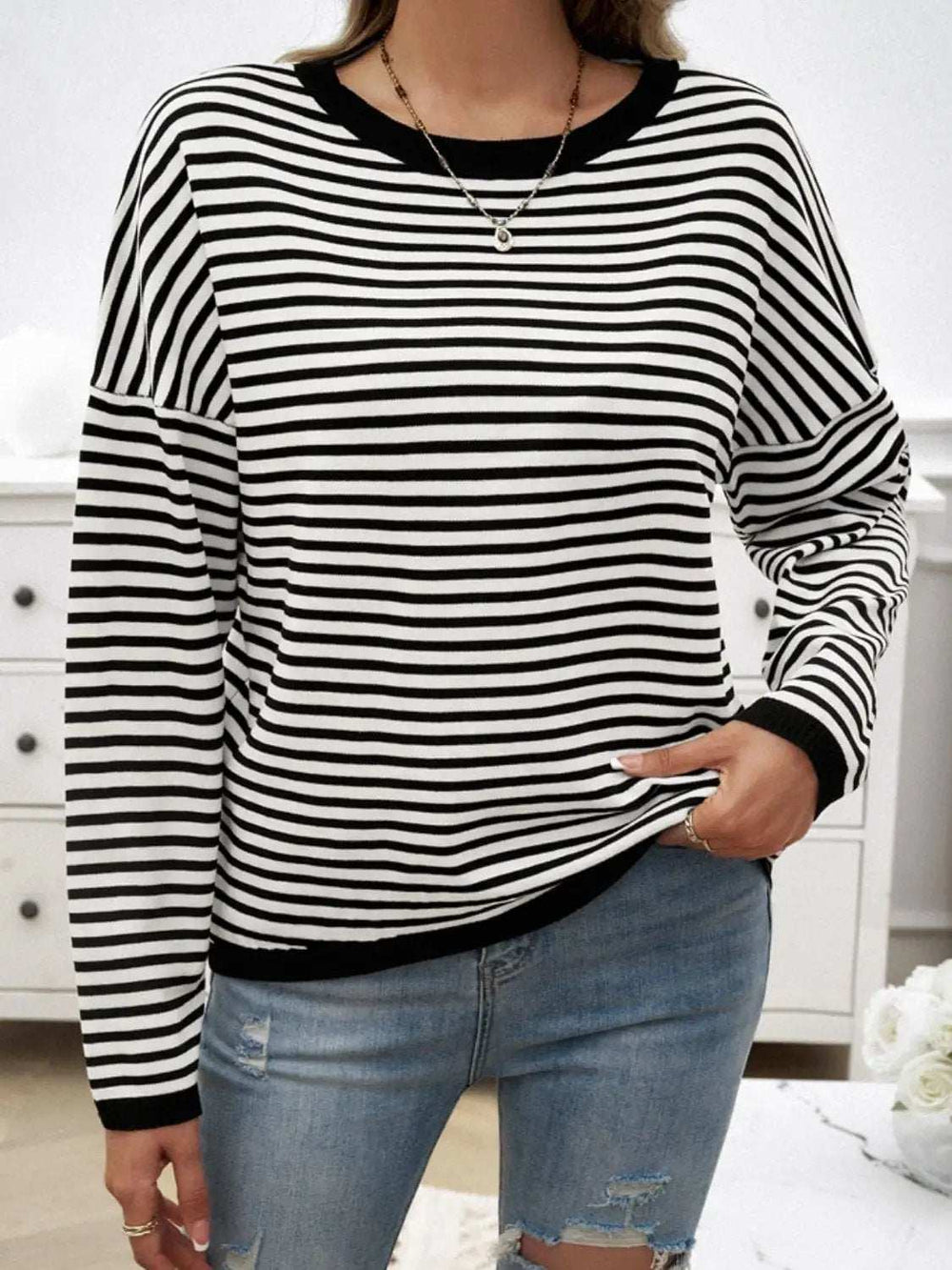 Striped Round Neck Dropped Shoulder Sweater - Trendsi - Flyclothing LLC