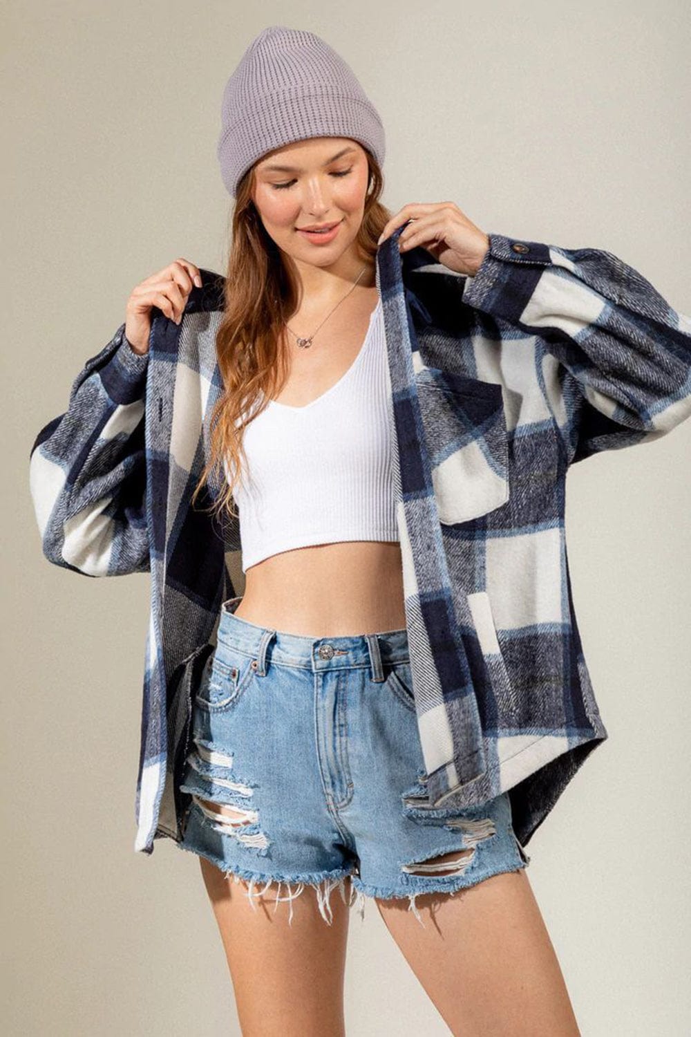 Drawstring Plaid Dropped Shoulder Hooded Shacket - Trendsi