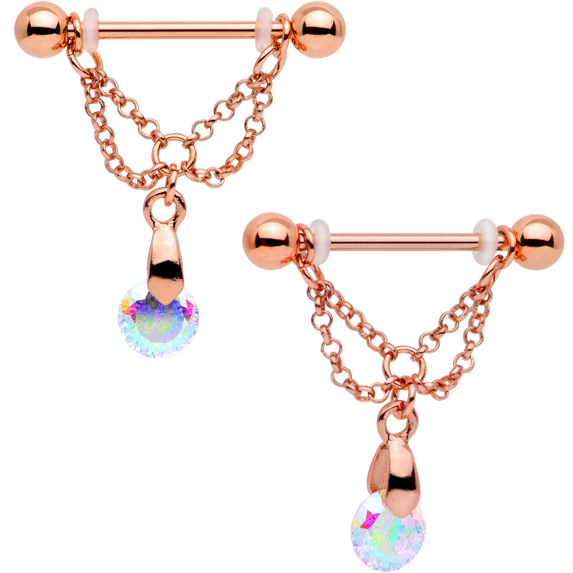 Aurora Gem Rose Gold PVD Droplet Chain Dangle Barbell Nipple Ring Set - BodyCandy - Flyclothing LLC