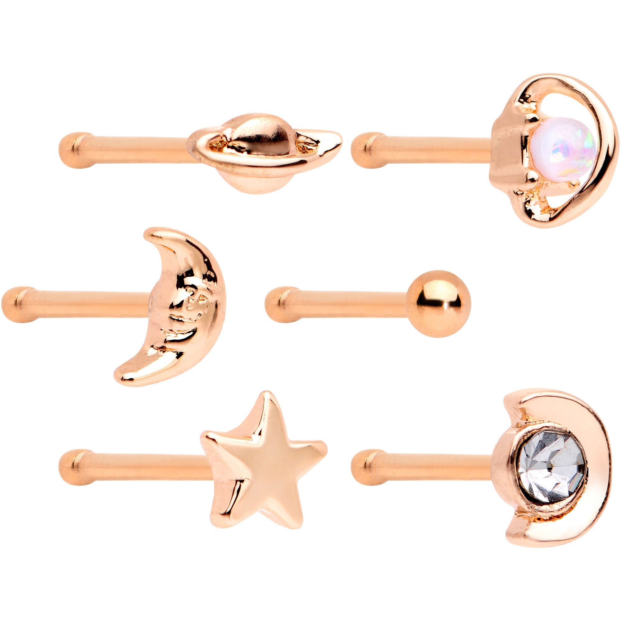 White Faux Opal Rose Gold PVD Out of This World Nose Bone 6 Pack Set - BodyCandy - Flyclothing LLC