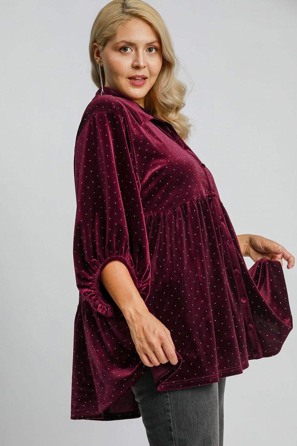 Umgee Full Size Polka Dot Button Up Half Sleeve Shirt - Trendsi - Flyclothing LLC