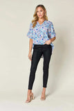 Double Take Full Size Printed V-Neck Short Sleeve Blouse - Trendsi - Flyclothing LLC