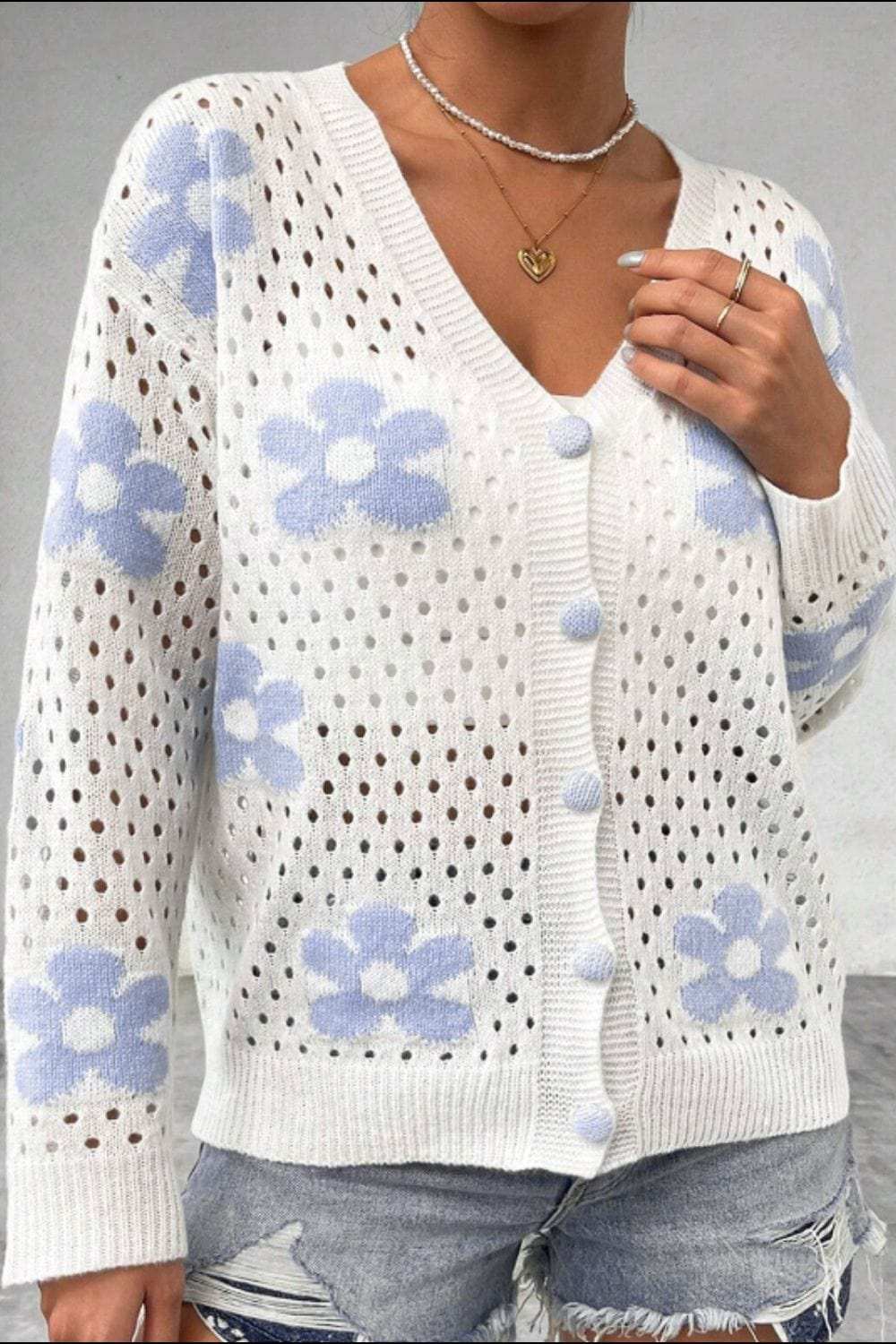 Flower Hollowed Out Button Down Long Sleeve Cardigan - Trendsi - Flyclothing LLC