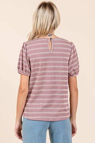 Mittoshop Contrast Striped Short Puff Sleeve Knit Top - Trendsi - Flyclothing LLC