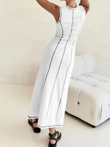 Contrast Stitching Round Neck Sleeveless Midi Dress - Trendsi - Flyclothing LLC