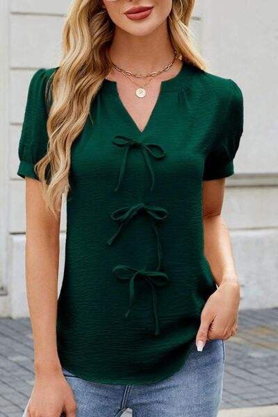 Notched Short Sleeve Blouse - Trendsi - Flyclothing LLC