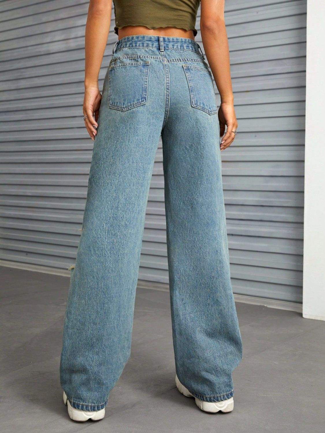 Distressed Wide Leg Jeans with Pockets - Trendsi - Flyclothing LLC