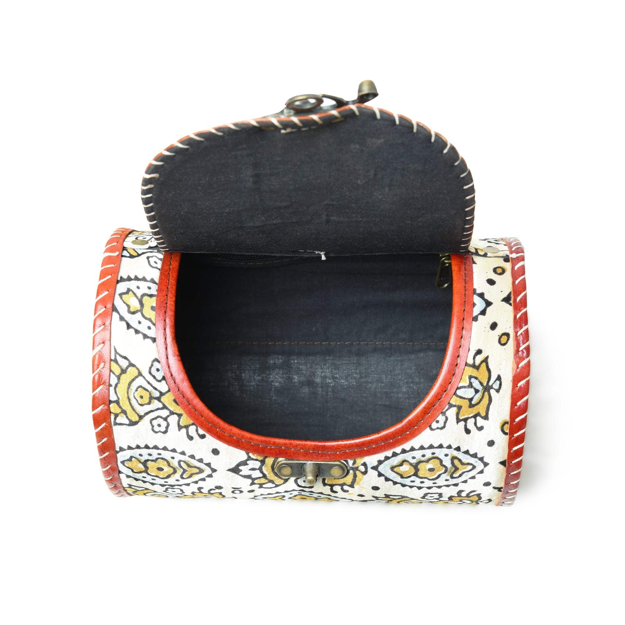 Cylindrical Block Printed Leather Bag - Classy Leather Bags - Flyclothing LLC