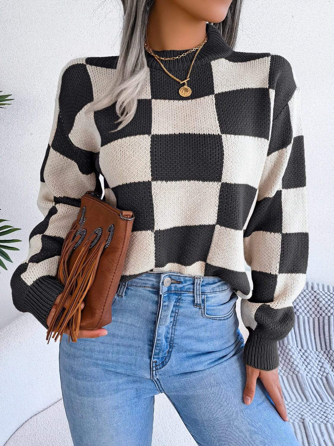 Checkered Mock Neck Long Sleeve Sweater - Trendsi - Flyclothing LLC