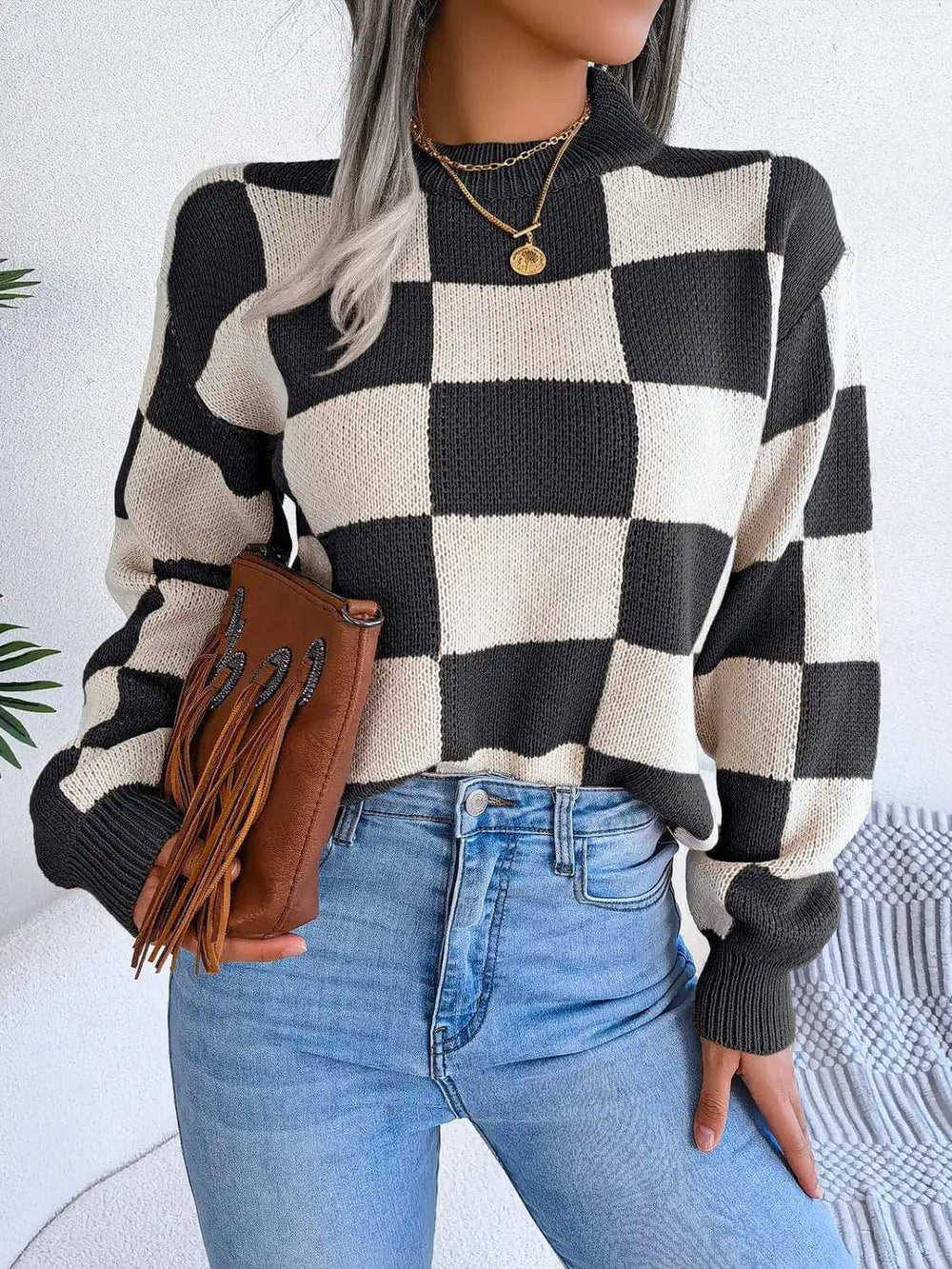 Checkered Mock Neck Long Sleeve Sweater - Trendsi - Flyclothing LLC