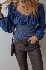 Smocked Long Sleeve Denim Top - Trendsi - Flyclothing LLC