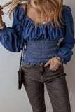 Smocked Long Sleeve Denim Top - Trendsi - Flyclothing LLC