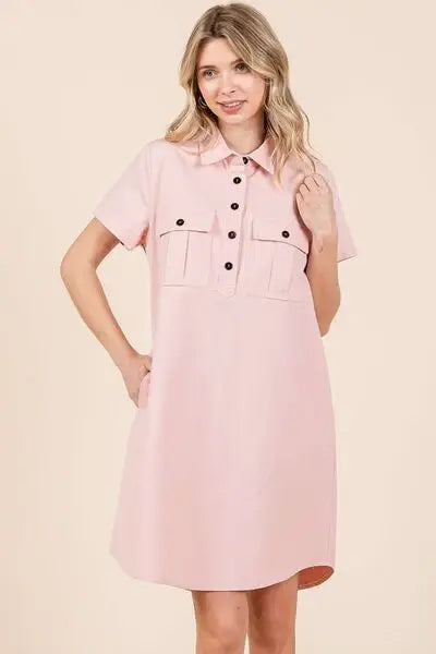 Mittoshop Button Detail Collared Neck Short Sleeve Shirt Dress - Trendsi - Flyclothing LLC