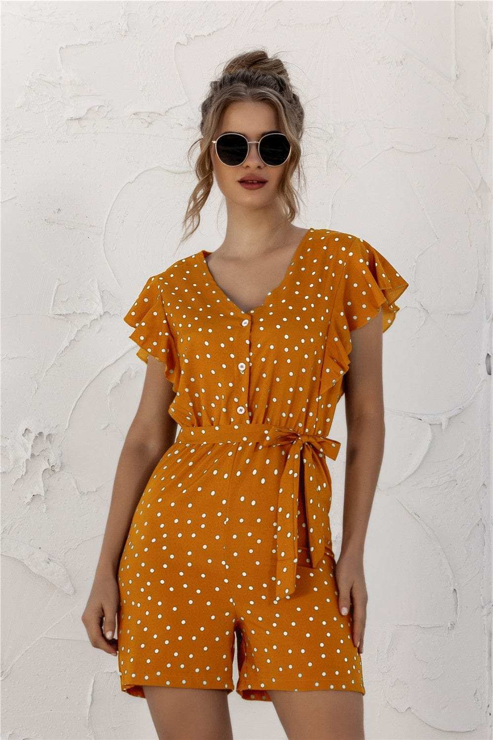 Ruffled Polka Dot Half Button Romper - Trendsi