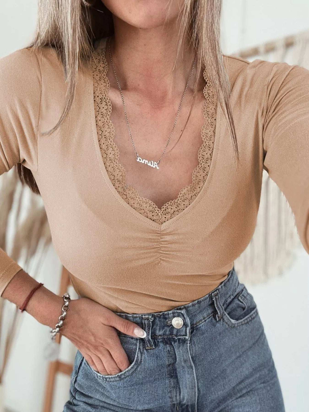 Lace-Trimmed Ruched Detail Long Sleeve T-Shirt - Trendsi - Flyclothing LLC