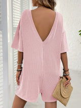 Backless Textured Round Neck Half Sleeve Romper - Trendsi - Flyclothing LLC