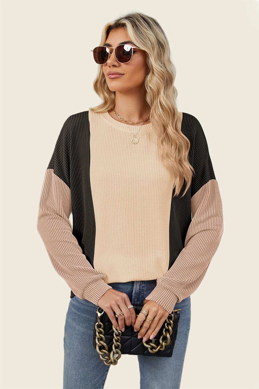 Double Take Texture Contrast Round Neck Long Sleeve T-Shirt - Trendsi - Flyclothing LLC