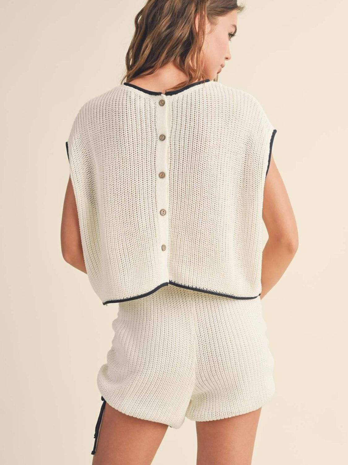 Contrast Trim Round Neck Top and Shorts Sweater Set - Trendsi - Flyclothing LLC