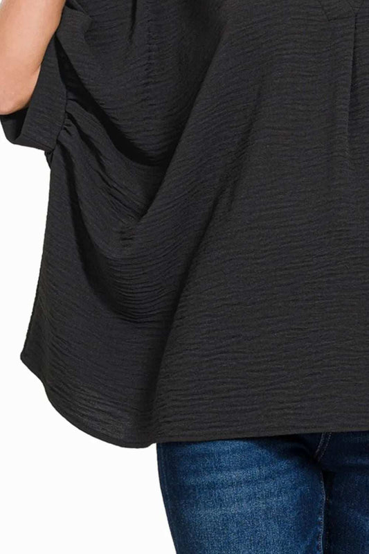 Zenana Woven Airflow V-neck Puff Half Sleeve Top - Trendsi - Flyclothing LLC