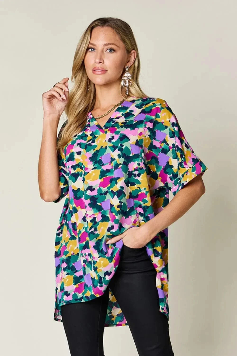 Double Take Full Size Printed V-Neck Short Sleeve Side Slit Top - Trendsi